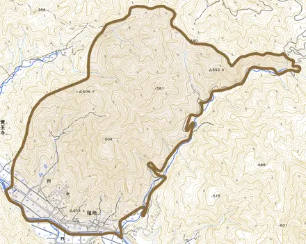 福地とその周辺の地図。町の範囲を重ねている