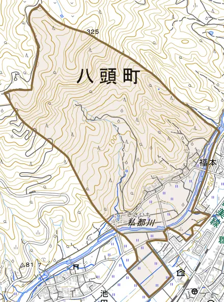 福本とその周辺の地図。町の範囲を重ねている