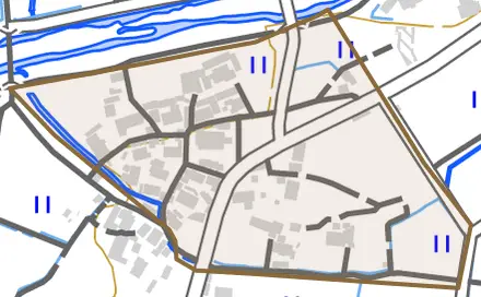 土師百井とその周辺の地図。町の範囲を重ねている