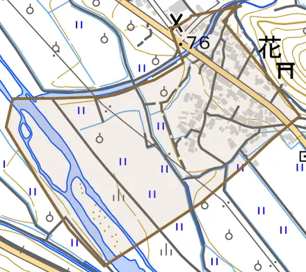 花とその周辺の地図。町の範囲を重ねている