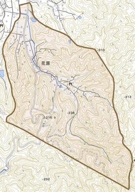 花原とその周辺の地図。町の範囲を重ねている