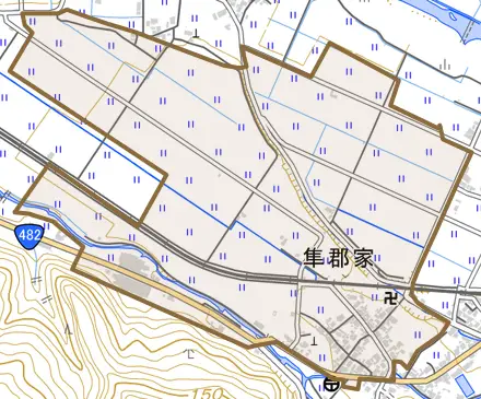 隼郡家とその周辺の地図。町の範囲を重ねている