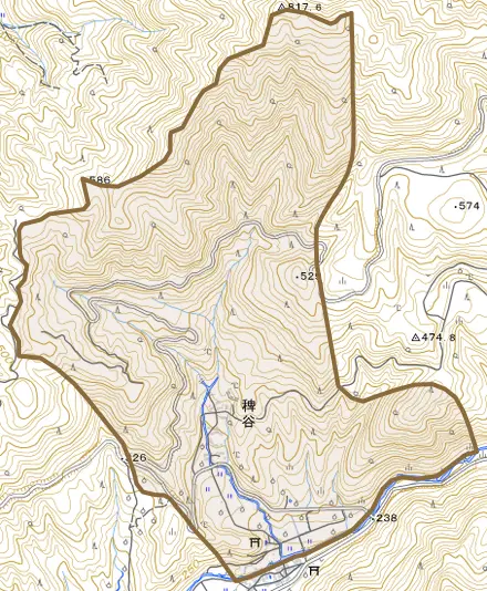 稗谷とその周辺の地図。町の範囲を重ねている