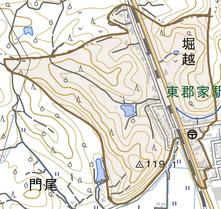 堀越とその周辺の地図。町の範囲を重ねている