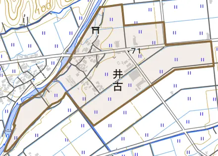 井古とその周辺の地図。町の範囲を重ねている