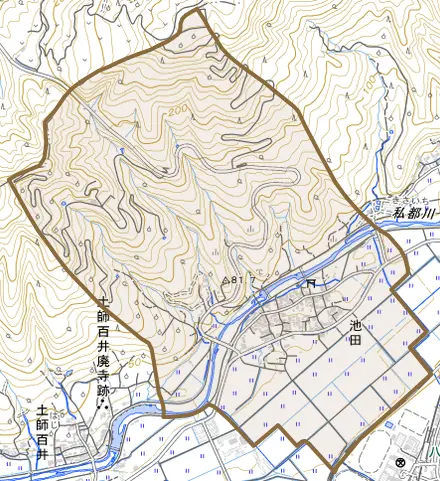 池田とその周辺の地図。町の範囲を重ねている