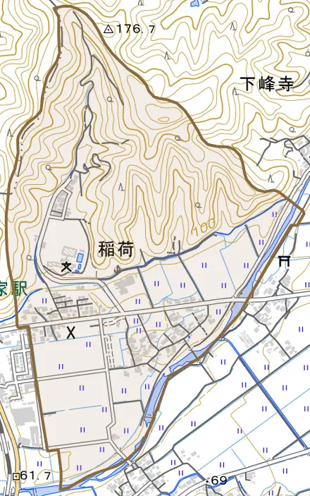 稲荷とその周辺の地図。町の範囲を重ねている