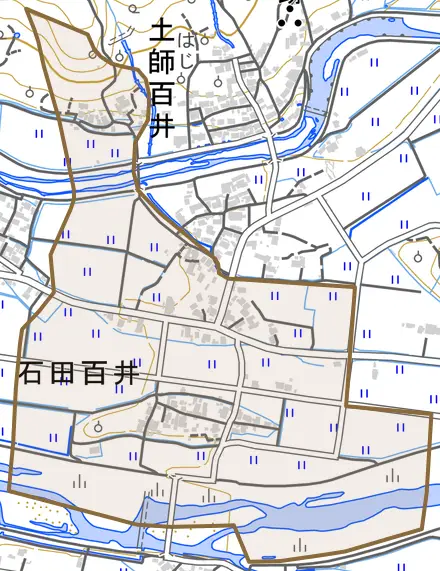 石田百井とその周辺の地図。町の範囲を重ねている