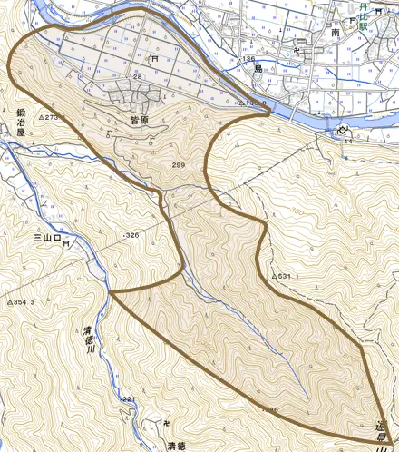 皆原とその周辺の地図。町の範囲を重ねている