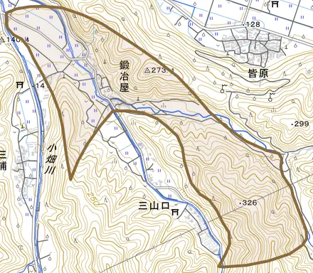 鍛冶屋とその周辺の地図。町の範囲を重ねている