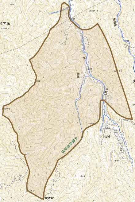 柿原とその周辺の地図。町の範囲を重ねている