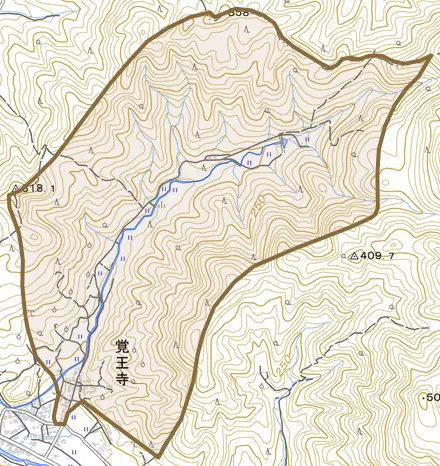 覚王寺とその周辺の地図。町の範囲を重ねている