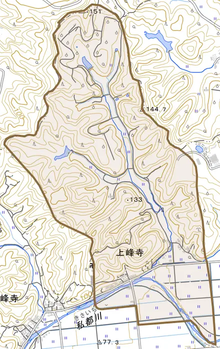 上峰寺とその周辺の地図。町の範囲を重ねている
