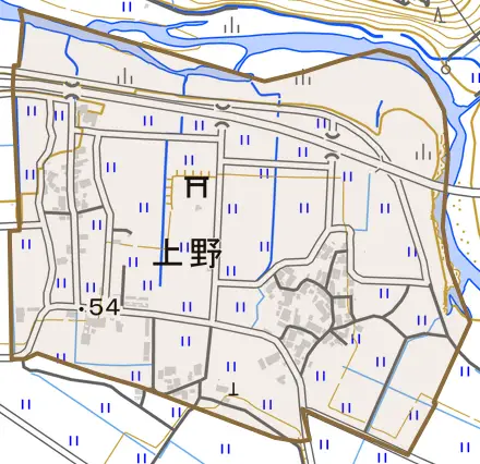 上野とその周辺の地図。町の範囲を重ねている
