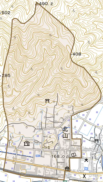 北山とその周辺の地図。町の範囲を重ねている