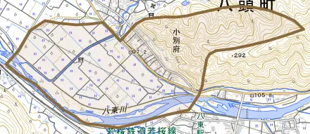 小別府とその周辺の地図。町の範囲を重ねている