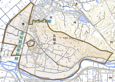 久能寺とその周辺の地図。町の範囲を重ねている