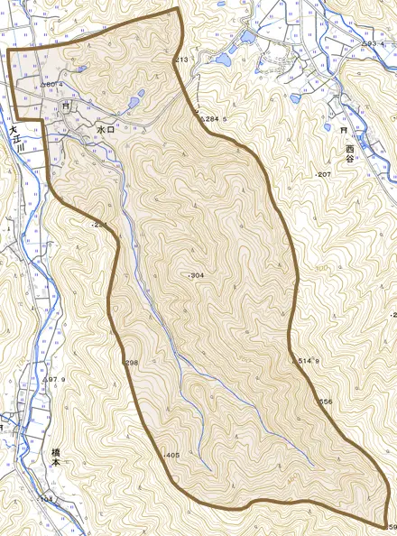 水口とその周辺の地図。町の範囲を重ねている