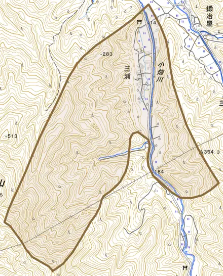 三浦とその周辺の地図。町の範囲を重ねている