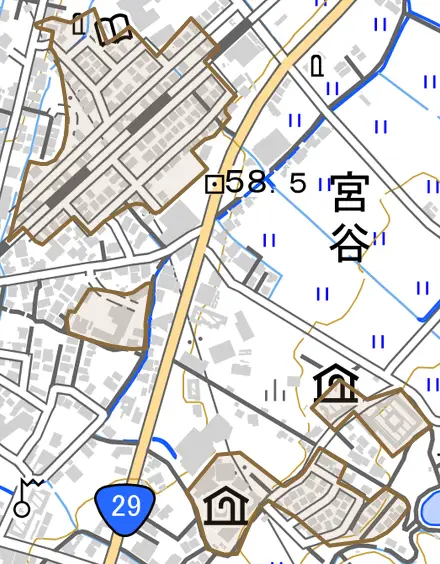 宮谷とその周辺の地図。町の範囲を重ねている