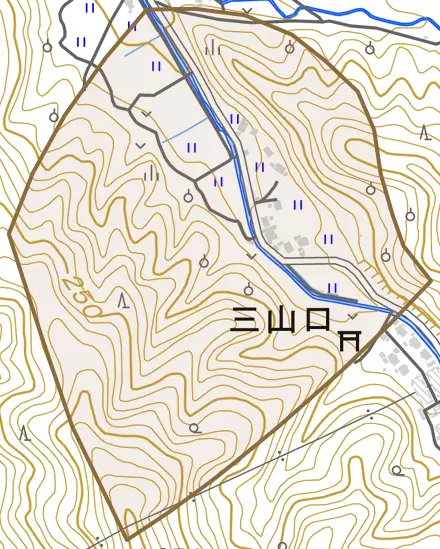 三山口とその周辺の地図。町の範囲を重ねている