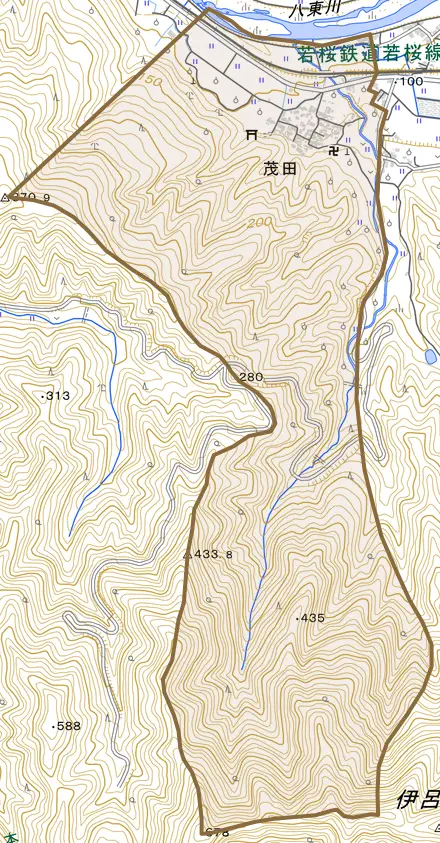 茂田とその周辺の地図。町の範囲を重ねている