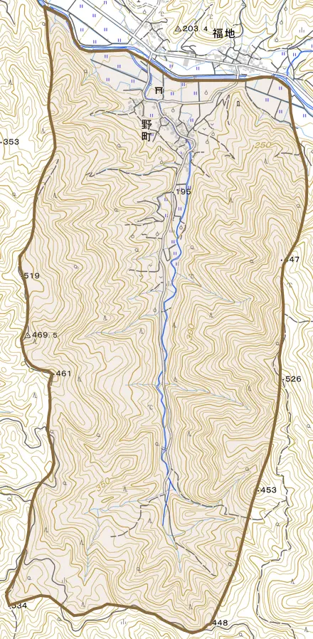野町とその周辺の地図。町の範囲を重ねている