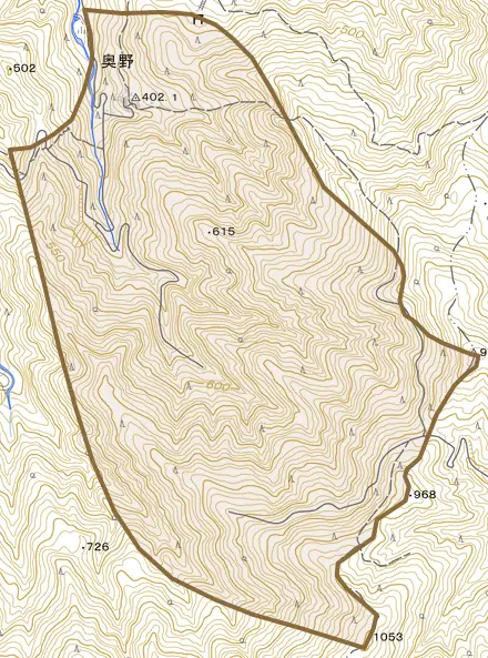 奥野とその周辺の地図。町の範囲を重ねている