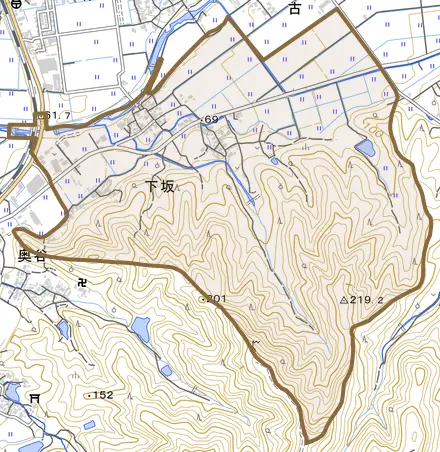 下坂とその周辺の地図。町の範囲を重ねている