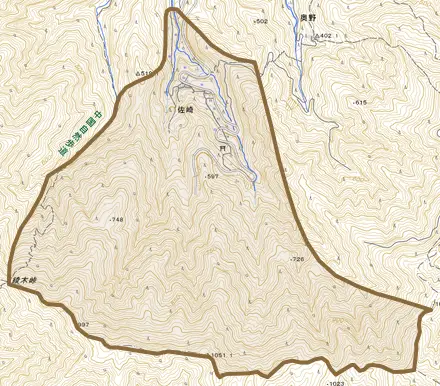 佐崎とその周辺の地図。町の範囲を重ねている