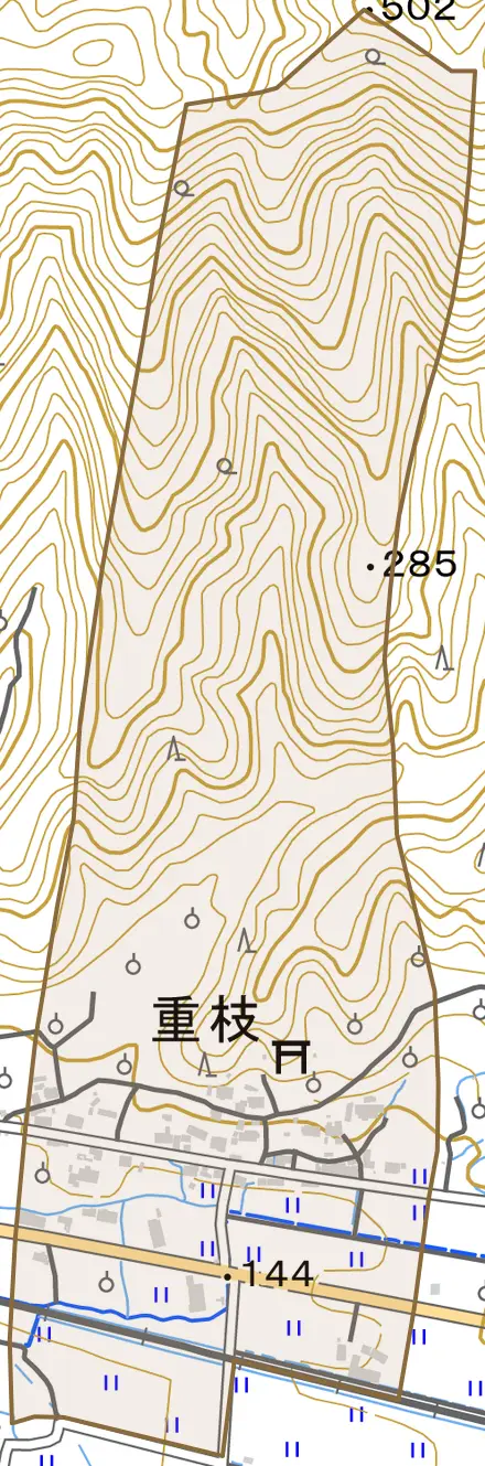 重枝とその周辺の地図。町の範囲を重ねている