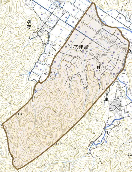 下津黒とその周辺の地図。町の範囲を重ねている