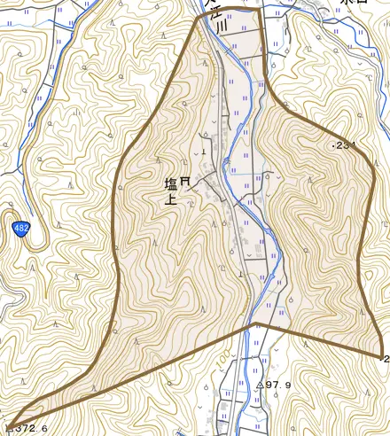 塩上とその周辺の地図。町の範囲を重ねている