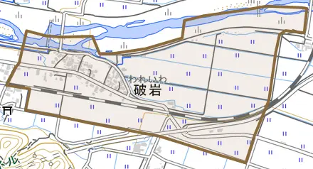 破岩とその周辺の地図。町の範囲を重ねている