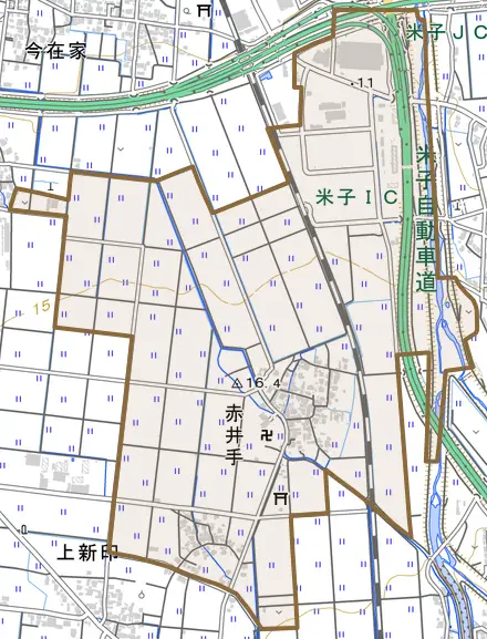 赤井手とその周辺の地図。町の範囲を重ねている