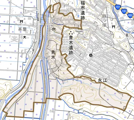 青木とその周辺の地図。町の範囲を重ねている