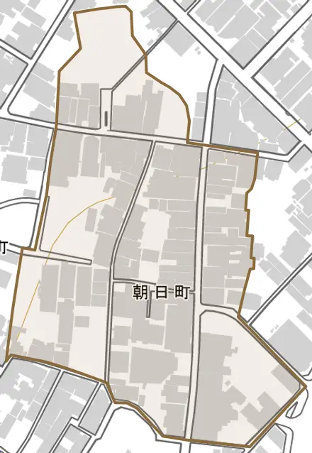 朝日町とその周辺の地図。町の範囲を重ねている