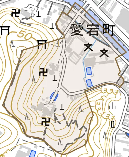 愛宕町とその周辺の地図。町の範囲を重ねている