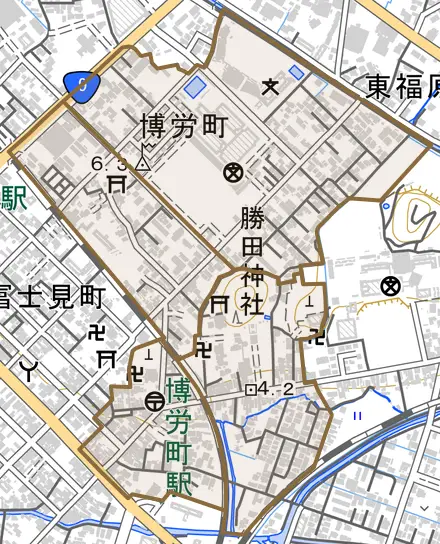 博労町とその周辺の地図。町の範囲を重ねている