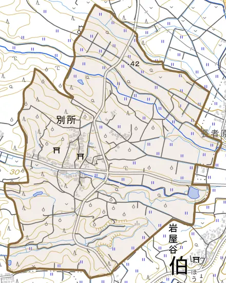 別所とその周辺の地図。町の範囲を重ねている