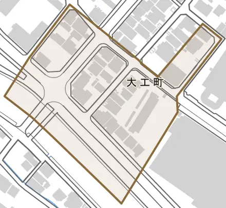大工町とその周辺の地図。町の範囲を重ねている