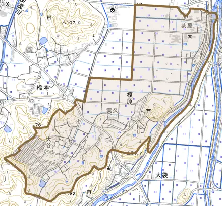 榎原とその周辺の地図。町の範囲を重ねている