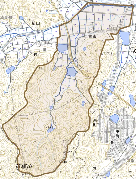 古市とその周辺の地図。町の範囲を重ねている