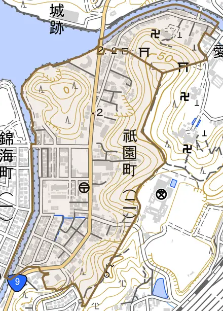 祇園町とその周辺の地図。町の範囲を重ねている
