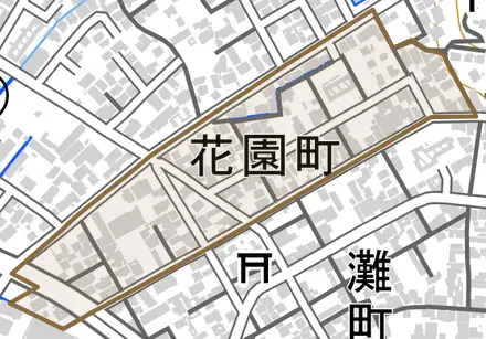 花園町とその周辺の地図。町の範囲を重ねている