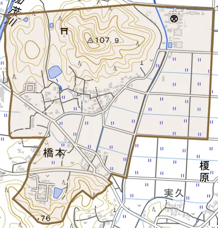 橋本とその周辺の地図。町の範囲を重ねている