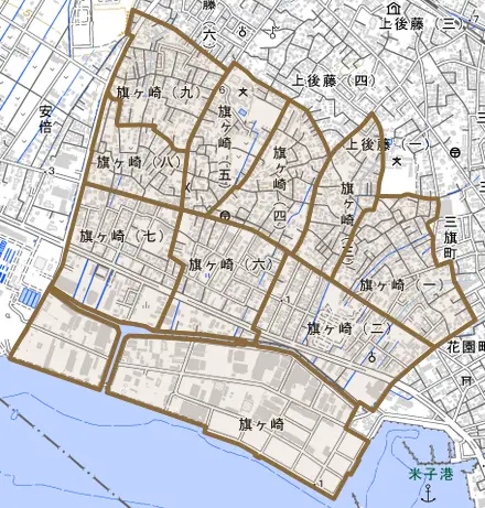 旗ヶ崎とその周辺の地図。町の範囲を重ねている