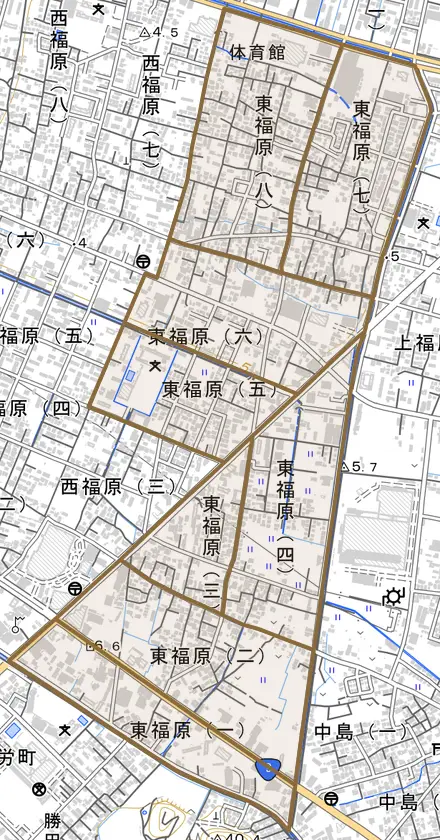 東福原とその周辺の地図。町の範囲を重ねている