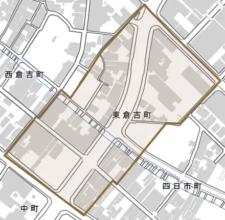 東倉吉町とその周辺の地図。町の範囲を重ねている