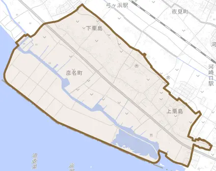 彦名町とその周辺の地図。町の範囲を重ねている